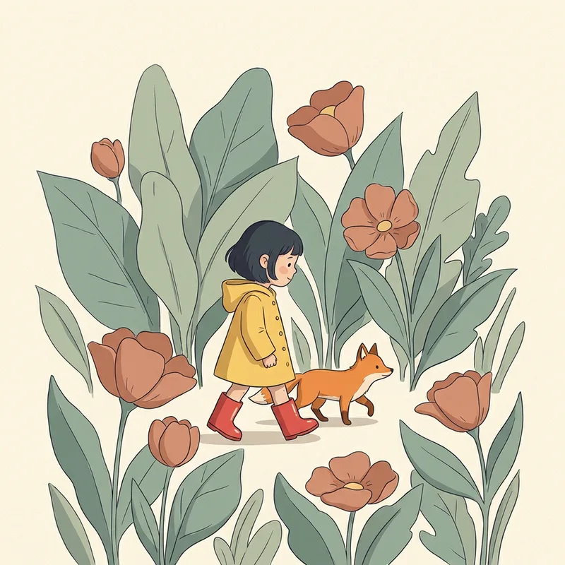 Storybook page: Mia and the fox walking through a garden of oversized flowers