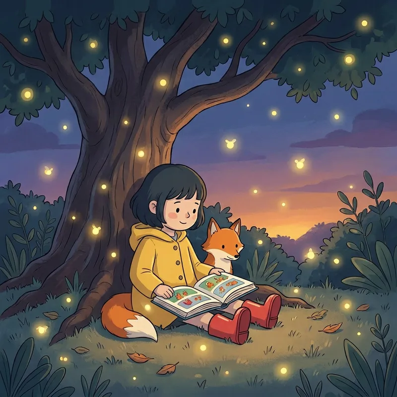 Storybook page: Mia and the fox reading under a tree at dusk